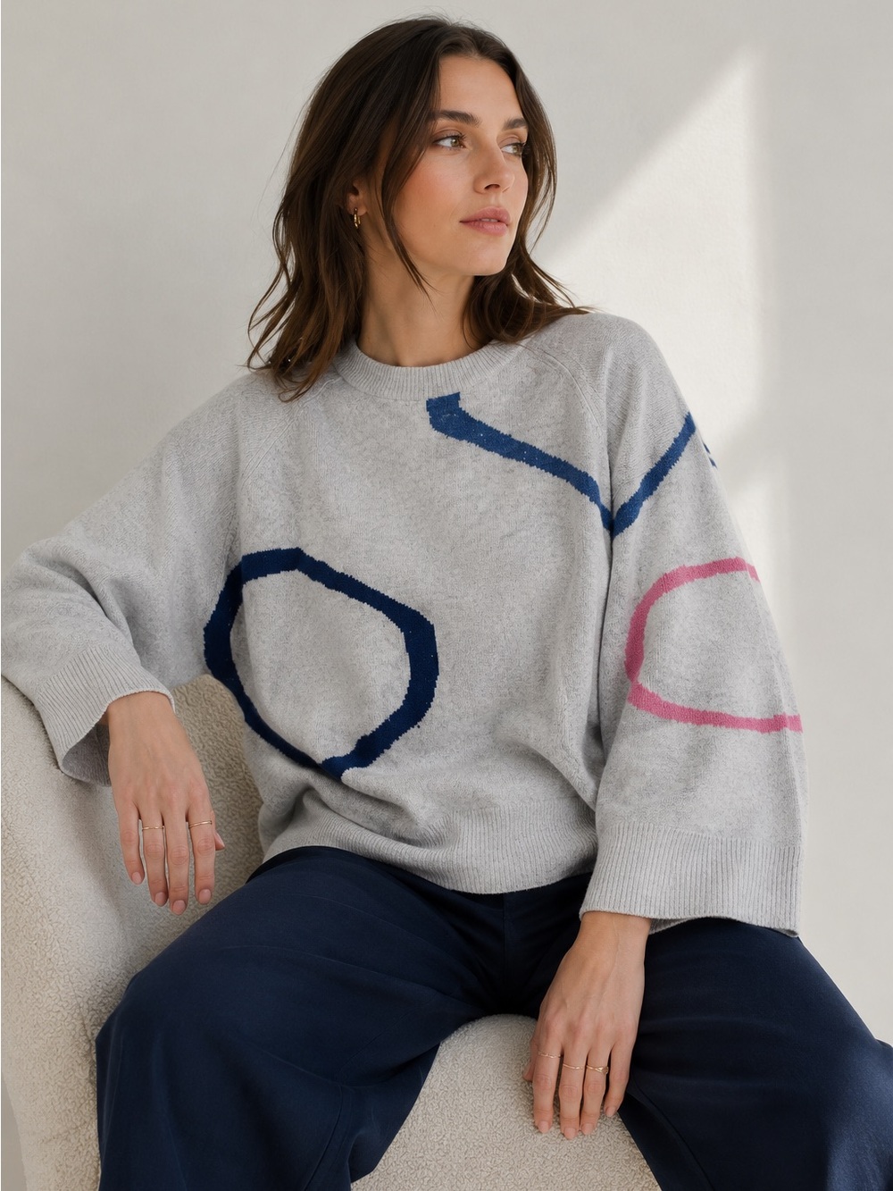 Zaket & Plover Merino Wool Abstract Oversized Sweater Gray Blue Pink L